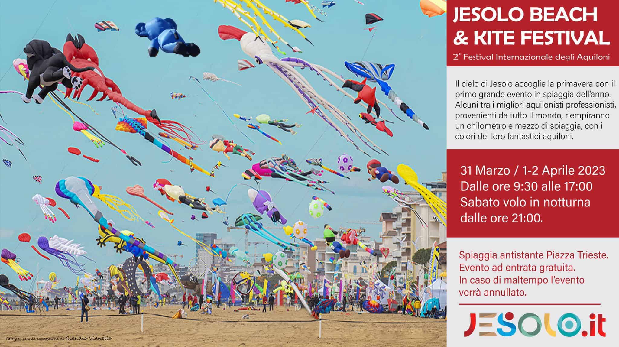 Evento Jesolo Beach & Kite Festival 2023 Locandina Jesolo Beach & Kite Festival 2023 - da venerdì 31 marzo - domenica 2 aprile 2023 ore 07:30 ore 15:00