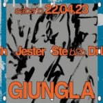 Giungla #4 | sab. 22.04.2023 Potrebbe essere un'illustrazione raffigurante poster e il seguente testo "sabato 22.04.23 Aitch Jester Û2b Ste b2b Di-Late GIUNGLA"