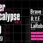 Potrebbe essere un'immagine raffigurante poster, rivista e il seguente testo "C DJANGO TREVIS MENI REVISI Brave Mai spettacolo teatrale R.Y.F. live show LaRoboterie Dj set queer apocalypse 2 VOL 20 mag autoproduzioni walk-in tatuaggi editoria indipendente"