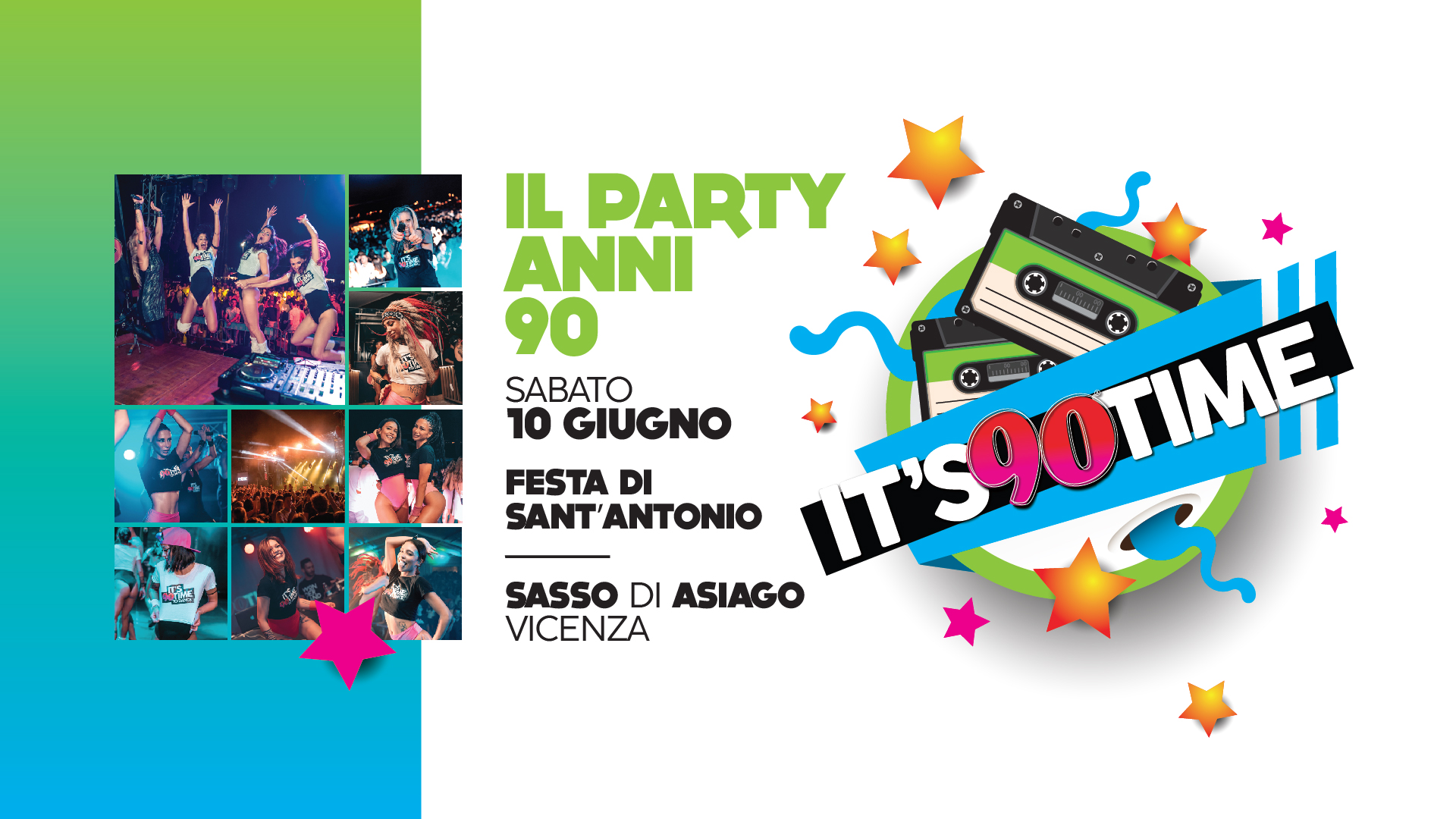 𝟗𝟎 𝐓𝐈𝐌𝐄 @ Festa di Sant’Antonio – Sasso di Asiago (Vi)• Ingresso Gratuito Potrebbe essere un contenuto grafico raffigurante 1 persona, bandiera, rivista, poster e testo