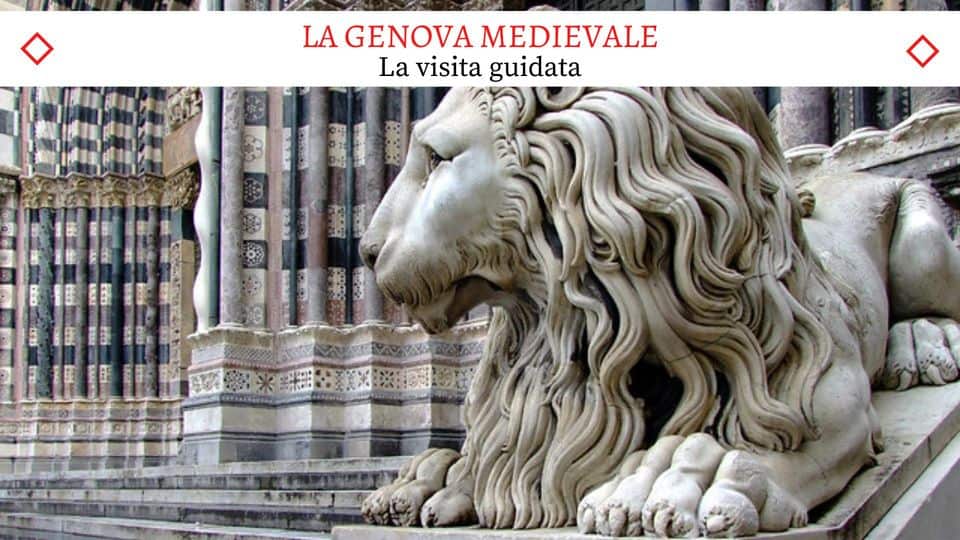 Genova Medievale: dalla prima torre alla cattedrale di San Lorenzo Potrebbe essere un'immagine raffigurante leone, statua e il seguente testo "LA GENOVA MEDIEVALE La visita guidata 20"