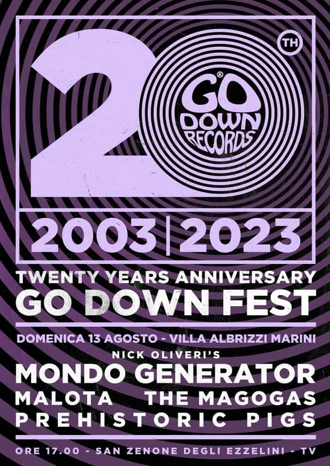 Evento Go Down Records 20Th Anniversary – Nick Oliveri (Qotsa – Kyuss) With Mondo Generator (Usa) Guests Locandina Go Down Records 20Th Anniversary – Nick Oliveri (Qotsa – Kyuss) With Mondo Generator (Usa) Guests - domenica 13 agosto ore 17:00 - 22:30