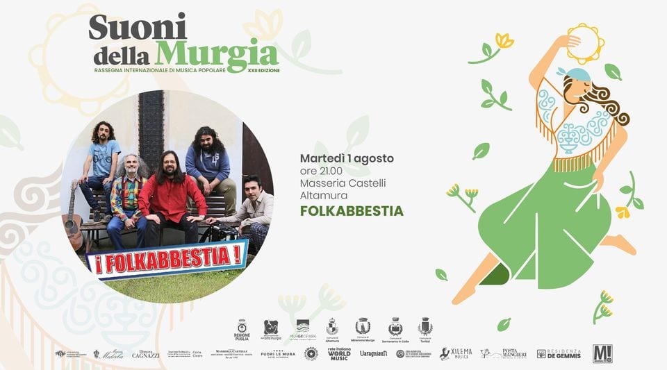 FOLKABBESTIA @ Agriturismo Masseria Castelli – Suoni della Murgia 2023 Potrebbe essere un'illustrazione raffigurante 5 persone, lori lento, poster, bandiera, calendario e testo