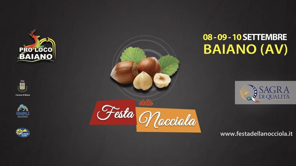 Festa della Nocciola 2023 Potrebbe essere un'immagine raffigurante poster, torta, wafer, pane, platano, longan e il seguente testo "PRO LOCO BAIANO 08-09-10 SETTEMBRE BAIANO (AV) UNPLI abo SAGRA DIQUALITÀ Festa Nocciola www.festadellanocciola.it"