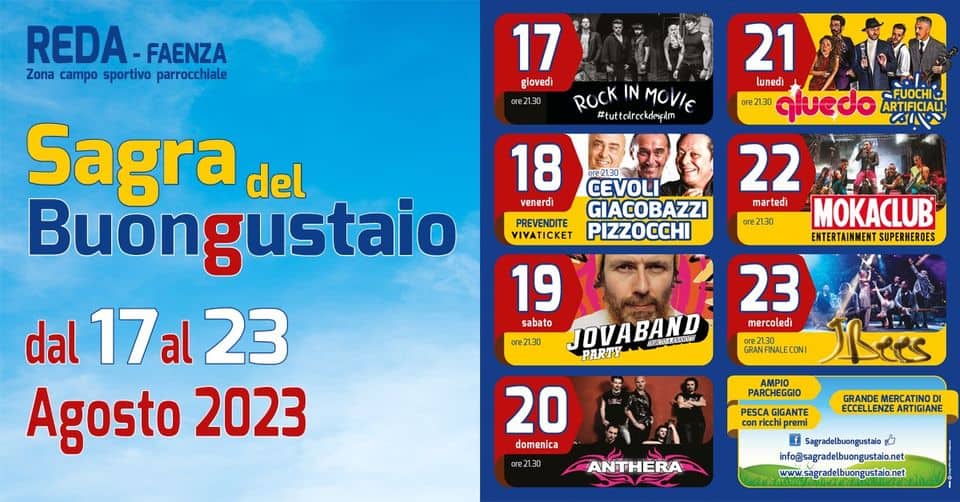 Evento Reda Summer Festival – Sagra del Buongustaio Locandina Reda Summer Festival – Sagra del Buongustaio - da giovedì 17 agosto - mercoledì 23 agosto 2023 ore 17:00 ore 21:45