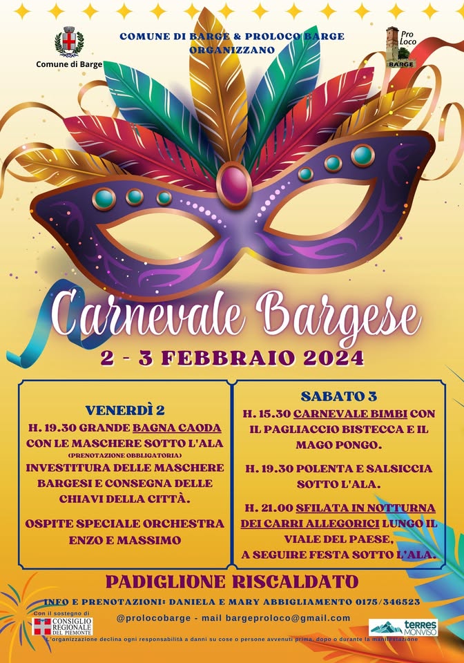 Evento Carnevale Bargese 2024 – 2 – 3 Febbraio 2024 Locandina Carnevale Bargese 2024 – 2 – 3 Febbraio 2024 - da venerdì 2 febbraio - sabato 3 febbraio 2024 ore 20:00 ore 23:45
