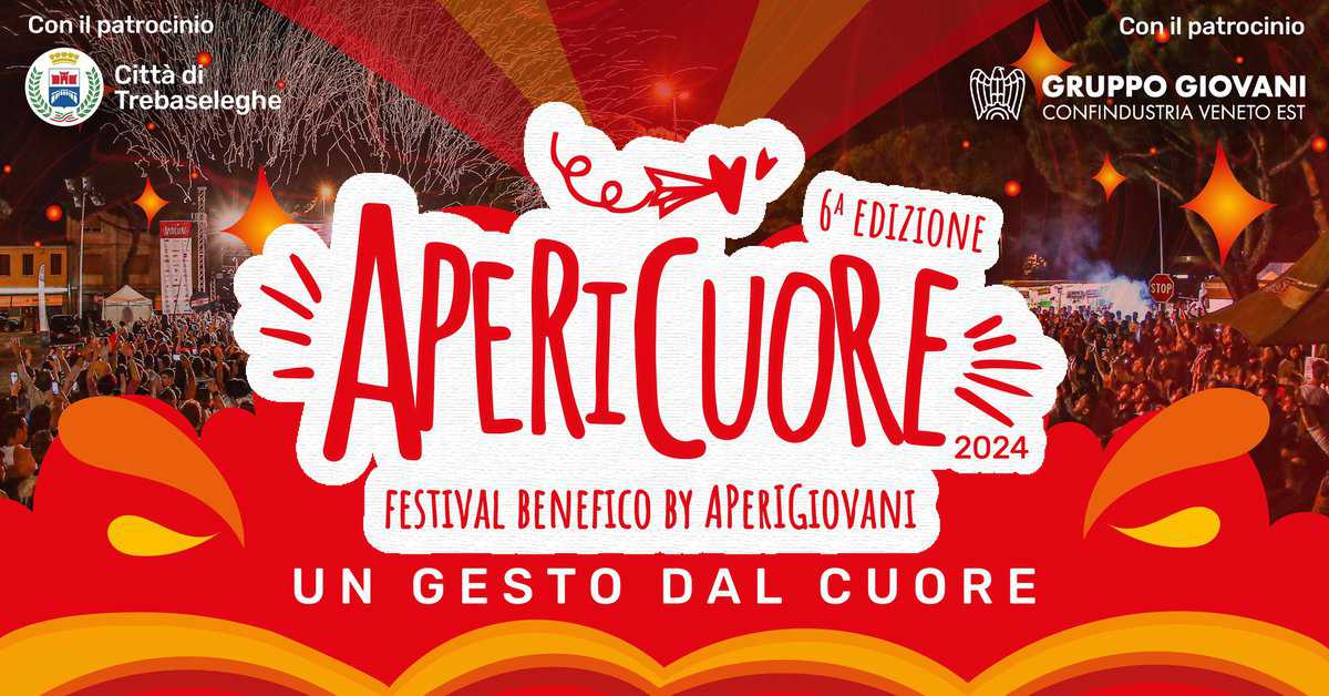 May be an image of ‎one or more people and ‎text that says "‎Con patrocinio เห้ ក្រកុ Città di Trebaseleghe Con patrocinio GRUPPO GIOVANI CONF ONFINDUSTRIA VENETO EST ילפשו APERICUORE (A EDIZIONE 2024 FESTIVAL BENEFICO BY APERIGIOVANI UN DAL GESTO CUORE‎"‎‎