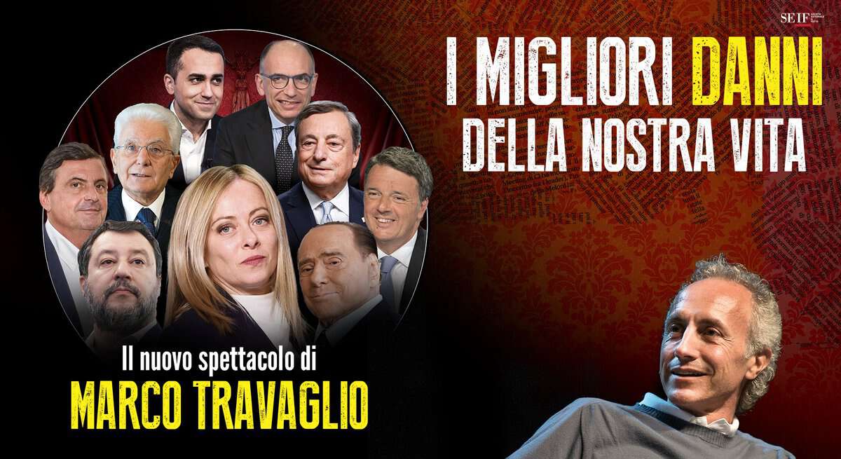 Marco Travaglio a Prato in “I migliori danni della nostra vita” No photo description available.