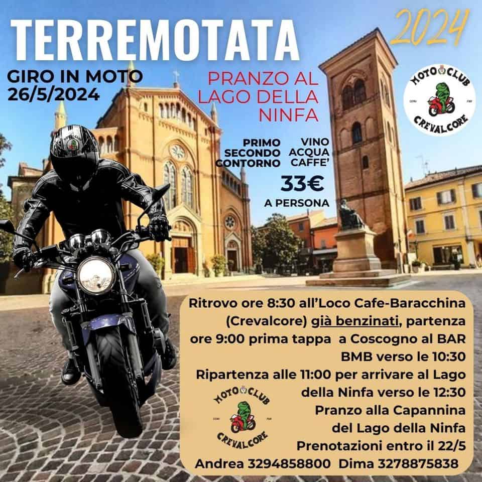 TerreMotata May be an image of 1 person, motorcycle and text that says 'អឈប TERREMOTATA GIRO IN MOTO PRANZO AL 26/5/2024 LAGO DELLA NINFA T 2024 HσOύειυς กซร CREVALCORE CREVAL PRIMO VINO SECONDO ACQUA CONTORNO CAFFE' 33€ PERSONA Ritrovo ore 8:30 all'Loco Cafe-Baracchina (Crevalcore) già benzinati, partenza ore9:00 ore 9:00 prima tappa a Coscogno al BAR BMB verso le 10:30 Ripartenza alle 11:00 per arrivare al Lago μoτύει/ della Ninfa verso le 12:30 Pranzo alla Capannina del Lago della Ninfa CREVALCORE Prenotazioni entro il 22/5 Andrea 3294858800 Dima 3278875838'