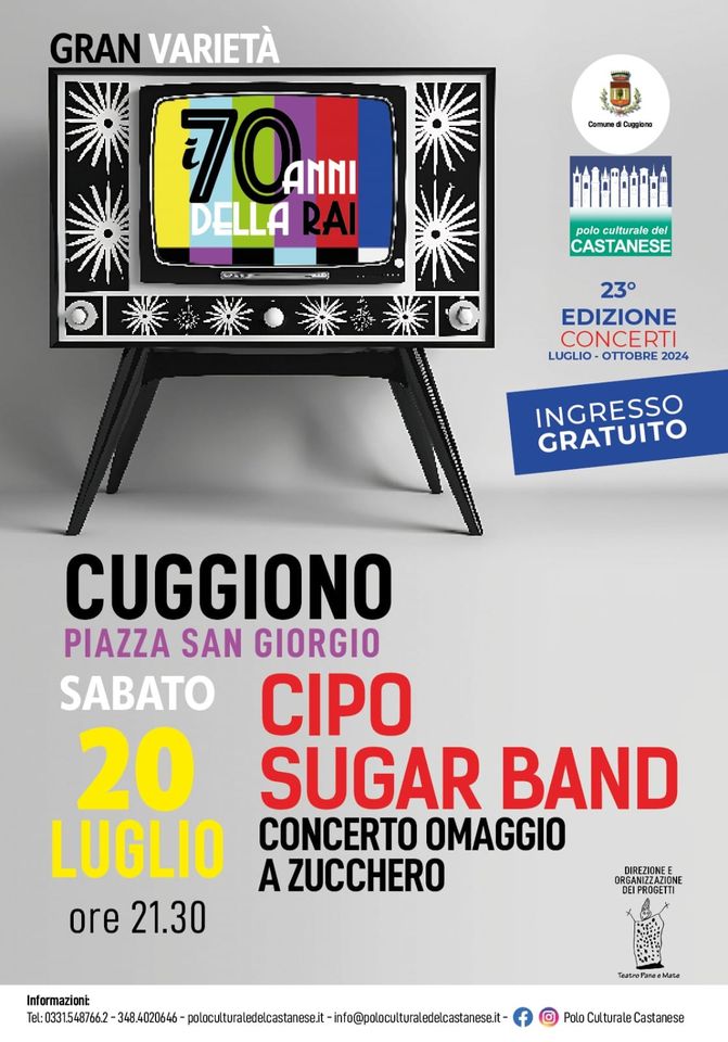 Evento Cipo Sugar Band Live in Piazza San Giorgio a Cuggiono (Mi) Locandina Cipo Sugar Band Live in Piazza San Giorgio a Cuggiono (Mi) - sabato 20 luglio ore 21:30 - 23:30