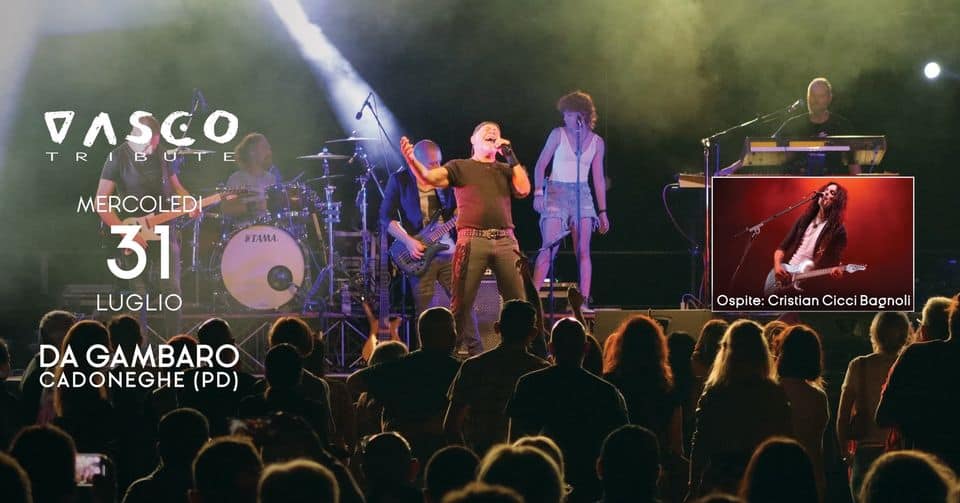 Vasco Tribute live Da Gambaro GIARDINO ESTIVO May be an image of 8 people, crowd and text