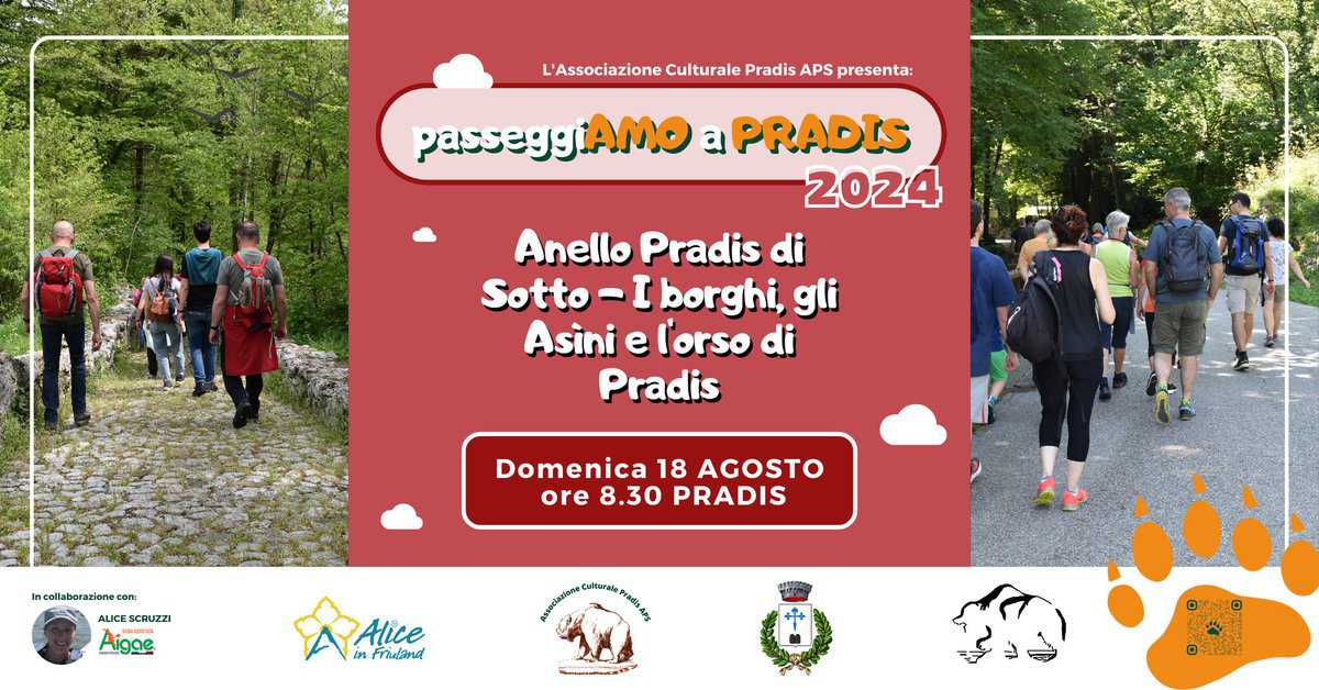 Anello Pradis di Sotto – I borghi, gli Asìni e l’orso di Pradis” May be an image of 9 people, slow loris and text