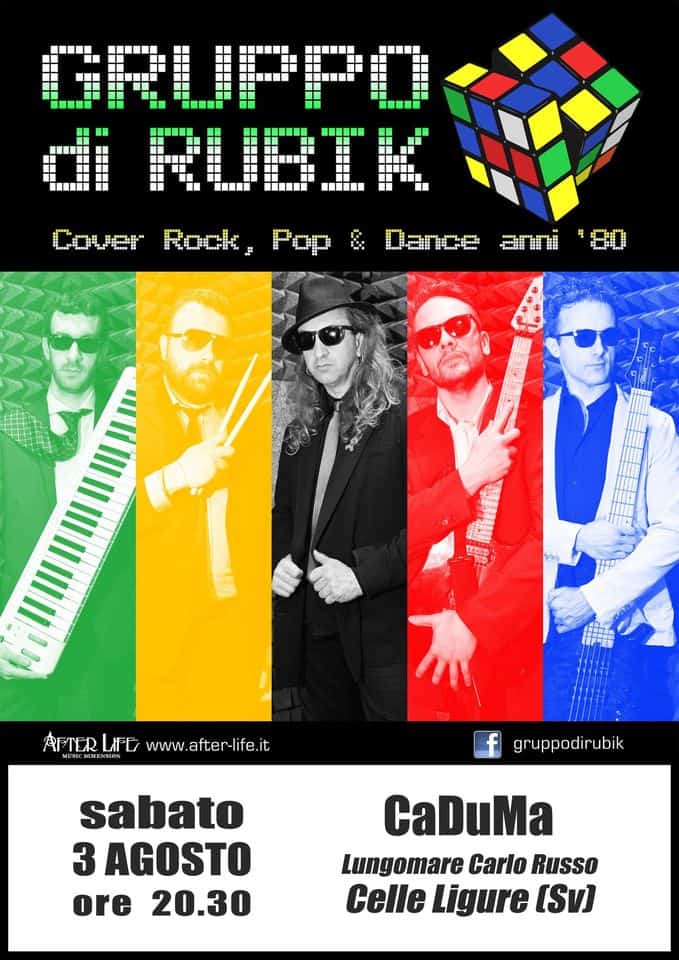 Gruppo di Rubik a Celle Ligure May be pop art of 4 people, musical instrument and text