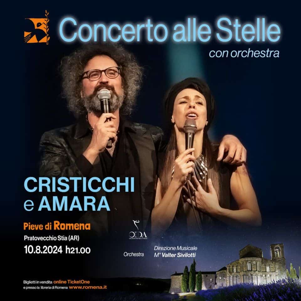 May be an image of 2 people and text that says "3 Concerto alle Stelle con orchestra CRISTICCHI e AMARA Pieve di Romena Pratovecchio Stia (AR) 10.8.2024 h21.00 ODA Orchestra Direzione DirezioneMusicale Musicale M ValterSivilotti Valter Sivilotti BijetivendlaonlineTicketOne Biglettiir online TicketOne reriadRomene wWW #pewsob.BobhdRrwwww.romena.it omena.it"
