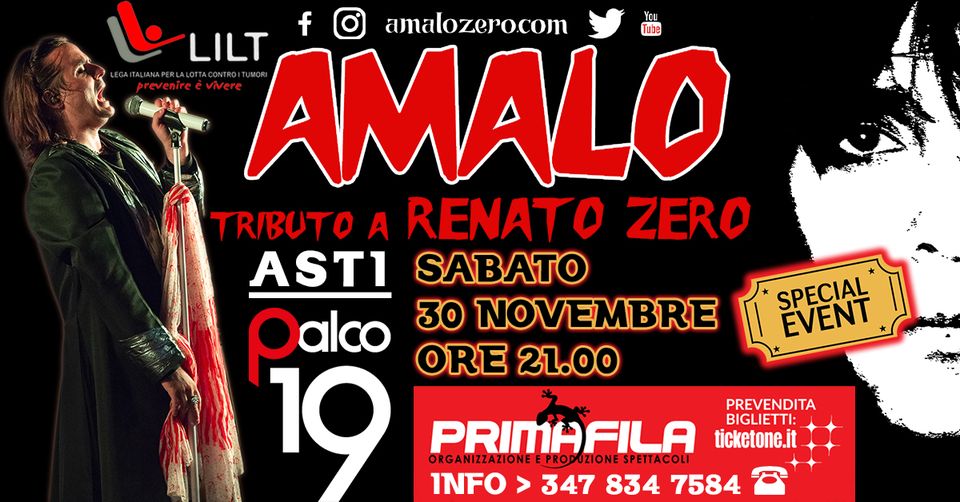 Evento AMALO – Renato Zero tribute – Teatro Palco19 – ASTI Locandina AMALO – Renato Zero tribute – Teatro Palco19 – ASTI - sabato 30 novembre ore 21:00 - 23:00