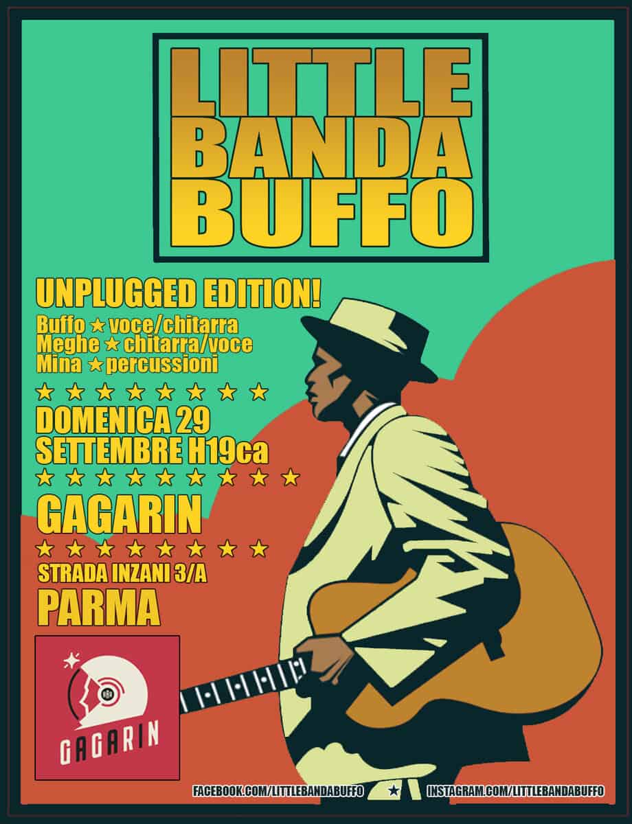 Little Banda Buffo live @Gagarin Bar, Parma May be a graphic of guitar and text