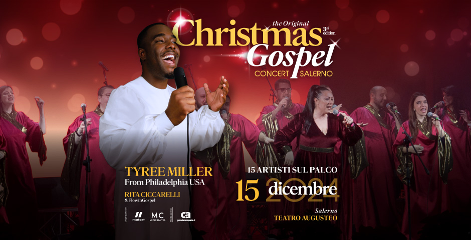 CHRISTMAS GOSPEL CONCERT 2024 – SALERNO May be a graphic of 9 people, musical instrument and text