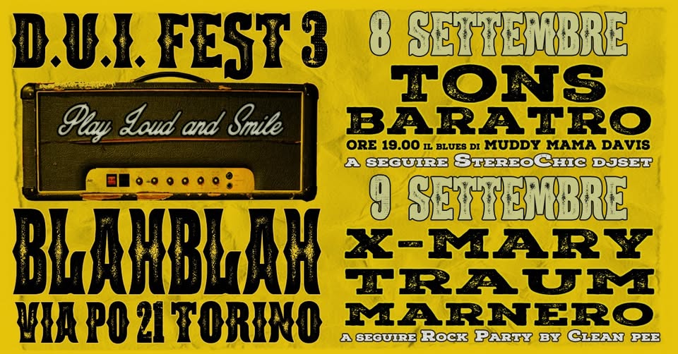 D.U.I. Fest “Drive Under Influence” III° edizione. NUOVA LOCATION, NUOVA LINE UP! No photo description available.