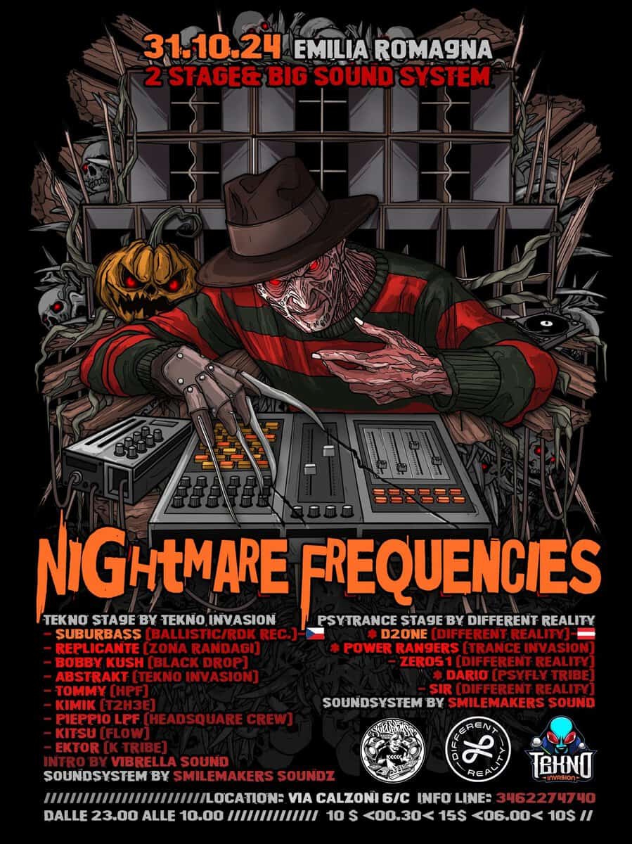NIGHTMARE FREQUENCY – H🅐LL🅾WEEN T🄴KN🅾 🄿ARTY w/SUBURBASS 🇨🇿 2STAGE May be a graphic of text