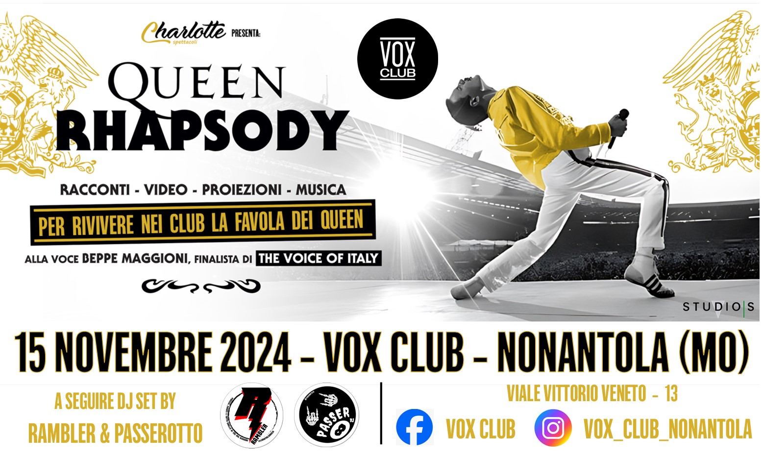 Queen Rhapsody – VOX CLUB – 15/11/2024 May be an image of 1 person and text