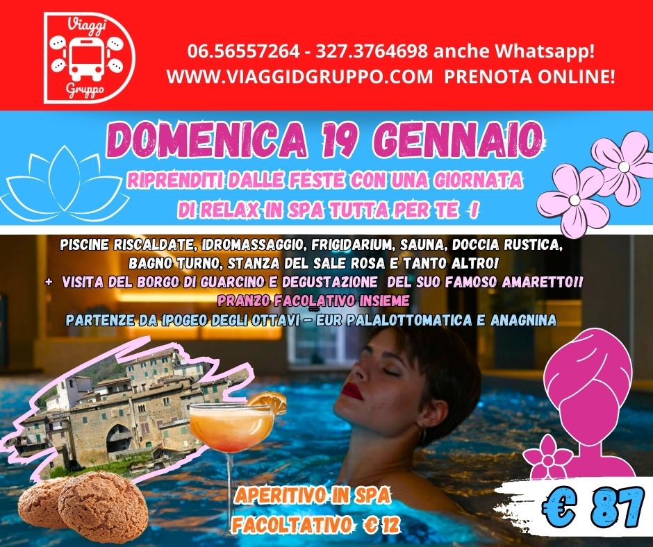 FIUGGI & GUARCINO : VIENI CON NOI PER UNA GIORNATA TRA RELAX & GUSTO! May be pop art of 1 person, pool and text