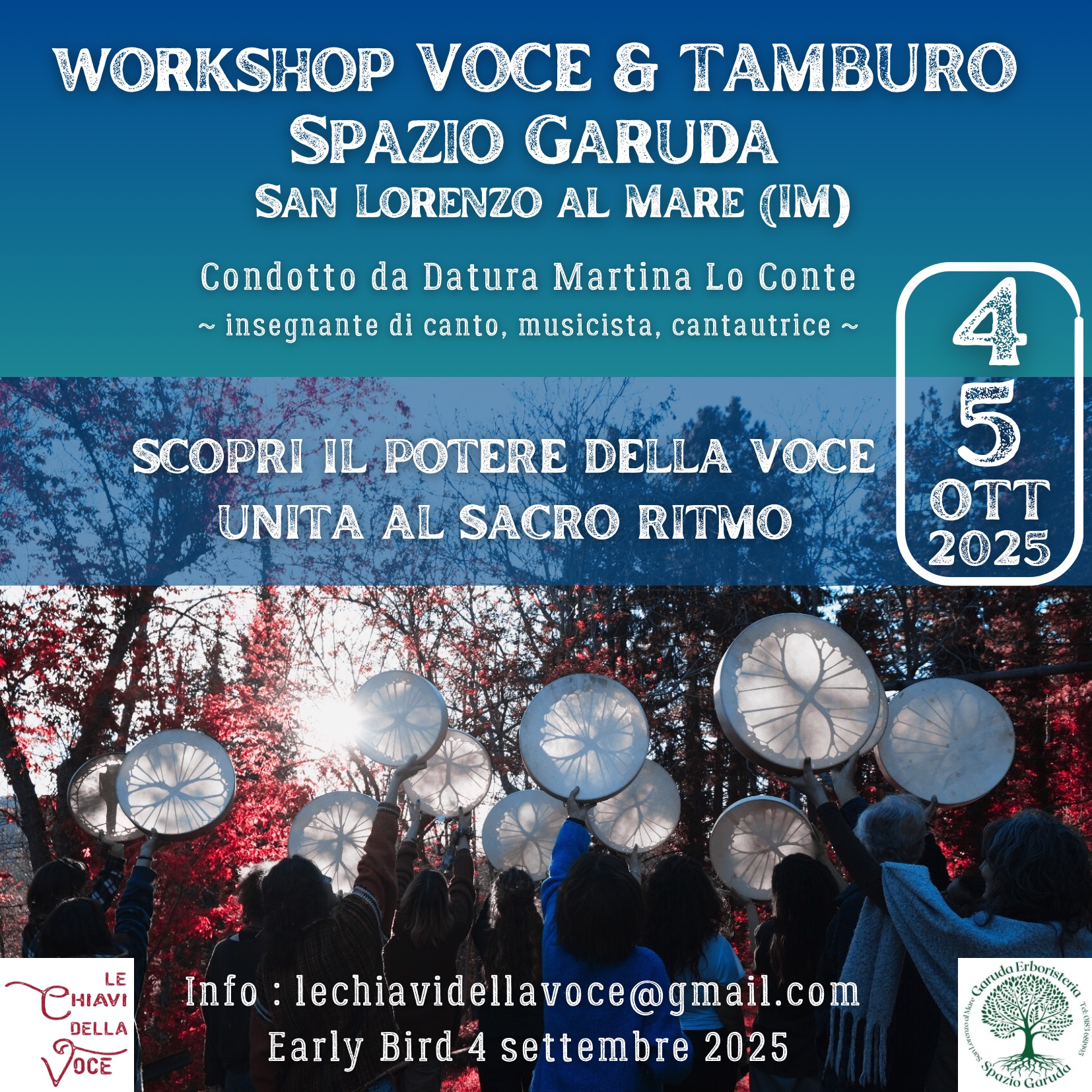 Evento Workshop Voce & Tamburo a S.Lorenzo al Mare (IM) Locandina Workshop Voce & Tamburo a S.Lorenzo al Mare (IM) - da sabato 4 ottobre - domenica 5 ottobre 2025 ore 10:00 ore 18:00