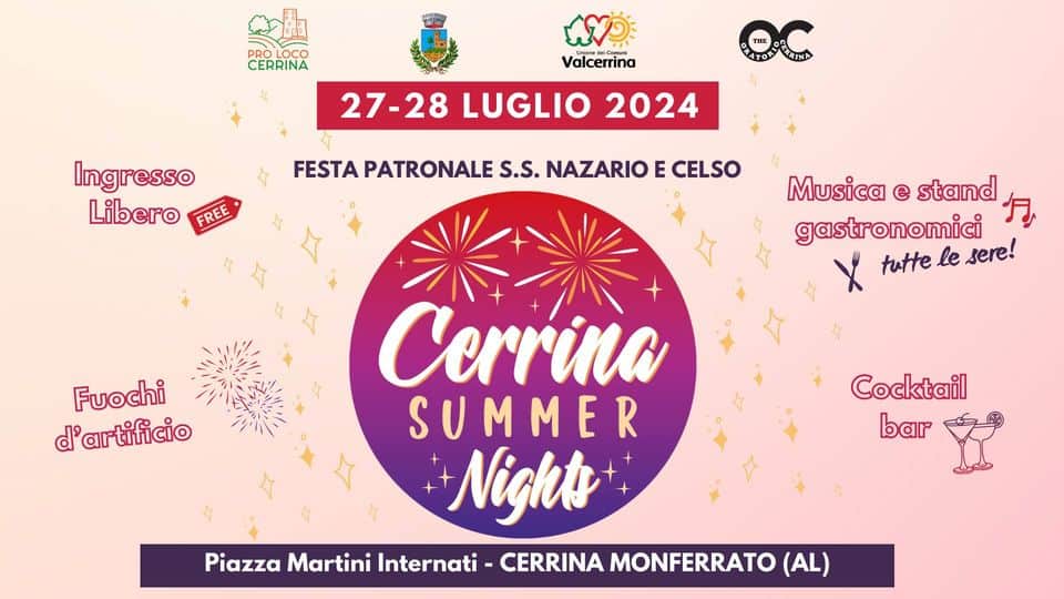 Evento Cerrina Summer Nights 27 – 28 Luglio 2024 Locandina Cerrina Summer Nights 27 – 28 Luglio 2024 - da sabato 27 luglio - domenica 28 luglio 2024 ore 19:30 ore 23:30