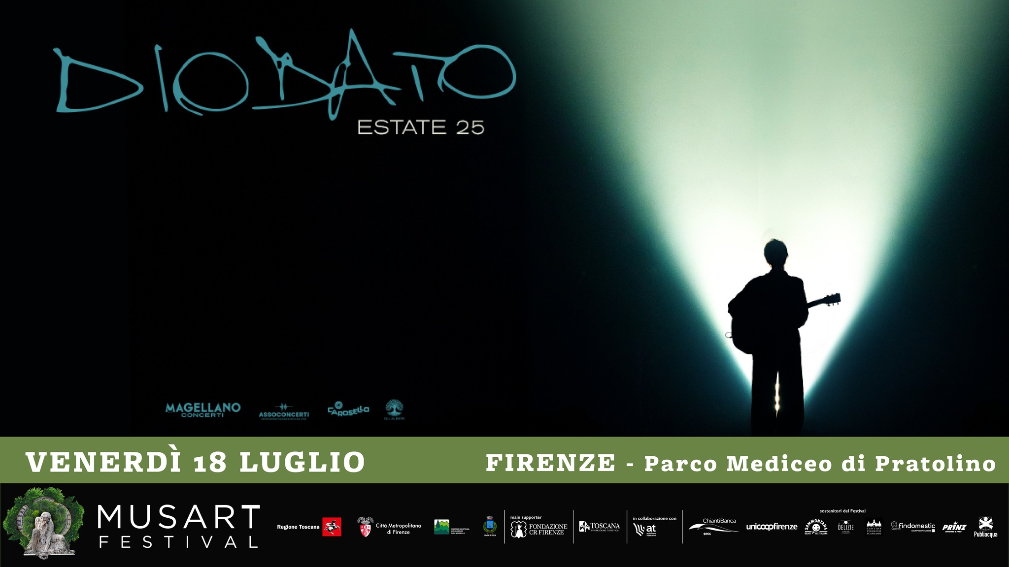 Diodato | MusArt Festival 2025 – Parco Mediceo di Pratolino May be an image of 1 person and text