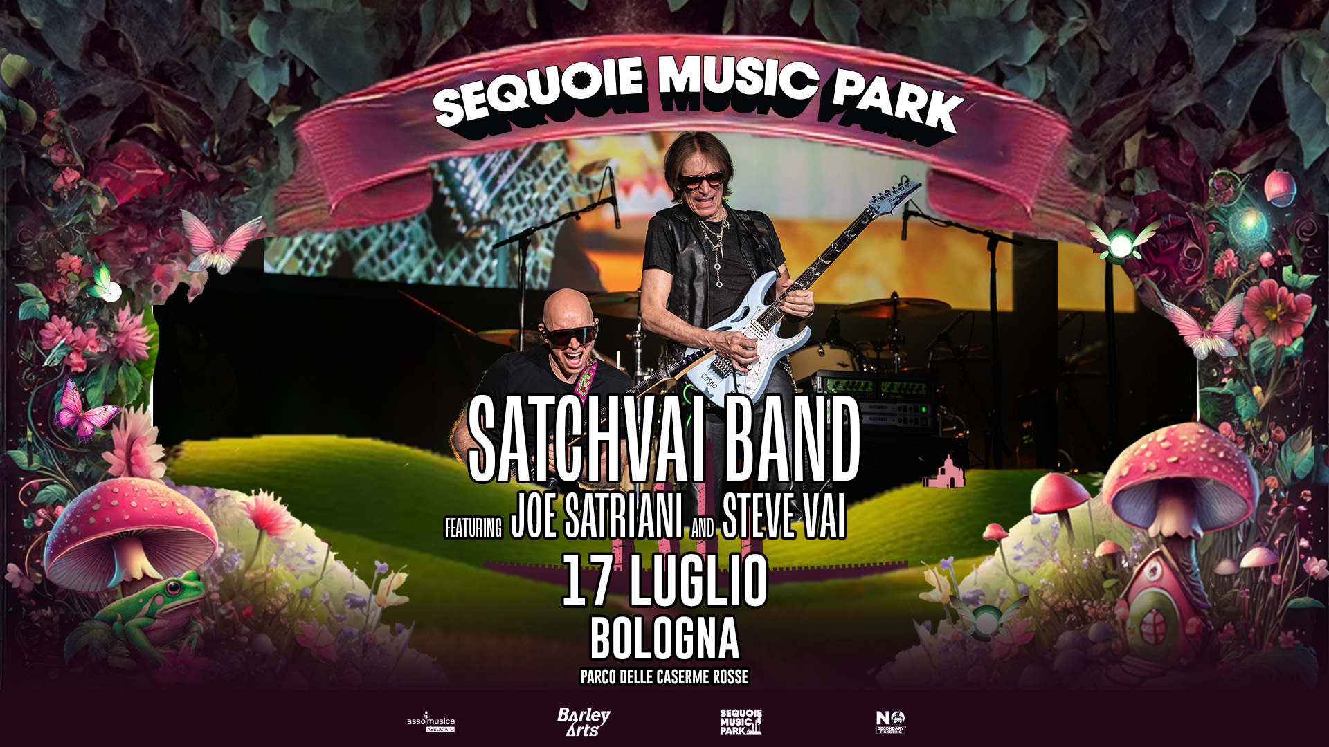 SatchVai Band Surfing With The Hydra 2025 Tour featuring Joe Satriani and Steve Vai @ Sequoie Music May be an image of 3 people and text