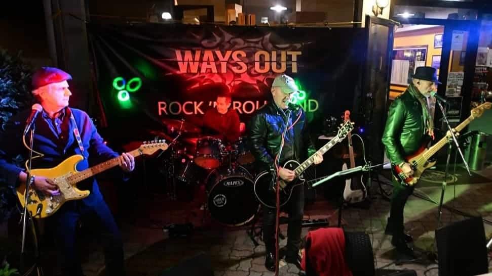 35esimo Anniversario Ways Out @ Il Tusighin pub Arona(NO)-sabato 25/1/25 May be an image of 4 people, guitar and text