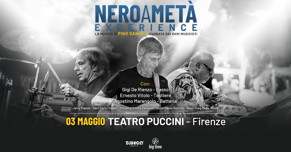 Nero a Metà Experience LIVE // Firenze @Teatro Puccini May be an image of 3 people and text