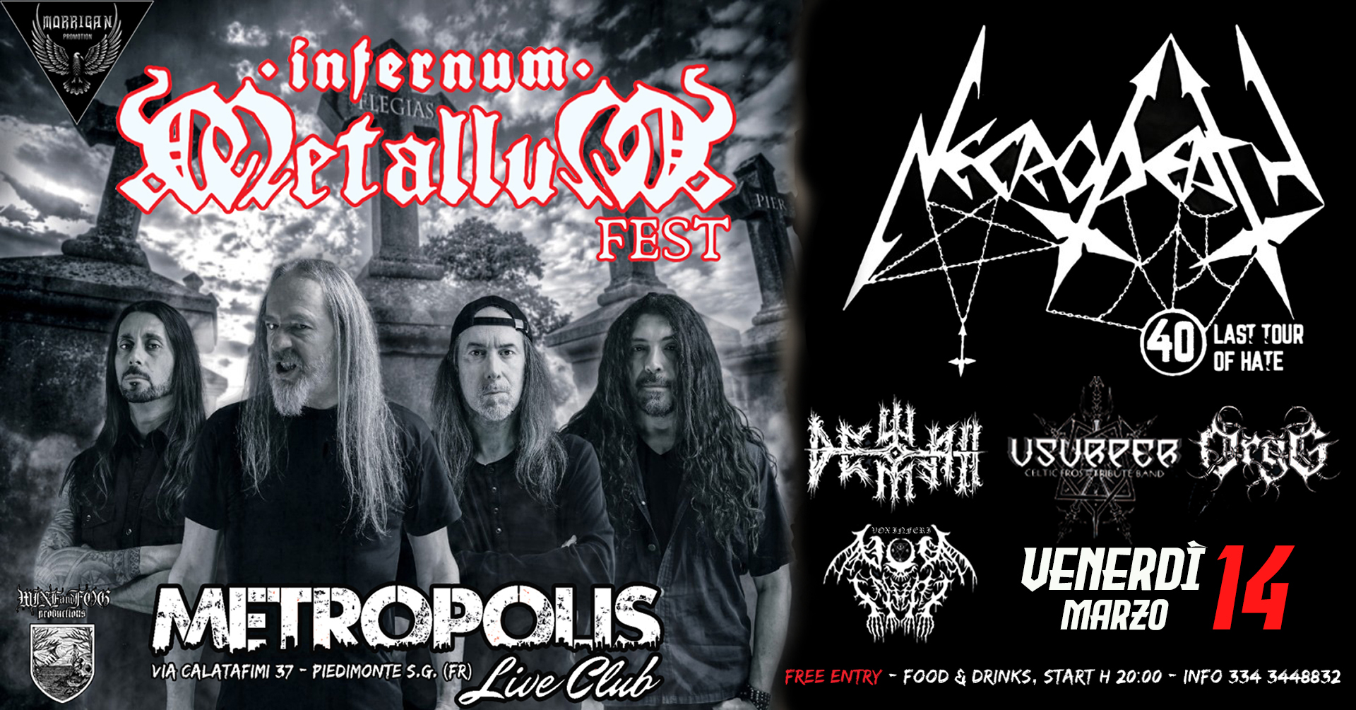May be an image of 4 people and text that says 'AARRIGAN Detalluns int internum LEGIAS FEST 出 hariFons EnΧ/22b 酸社 40 LAST TOUR OF HATE USUBRER METROPOLIS νΑ CALATAFIMI37 37 PIEDIMONTE S.G. (FR) Live CeuB FREE ENTRY FOOD VENERDÌ 14 MARZO DRINKS, START 20:00 INFO 334 3448832'