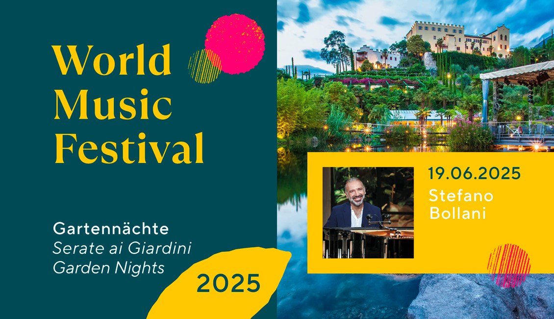 Stefano Bollani Potrebbe essere un'immagine raffigurante 1 persona e il seguente testo "MHNLIIIE World Music Festival Gartennächte hte Serate ai Giardini Garden Nights 19.06.2025 Stefano Bollani 2025"