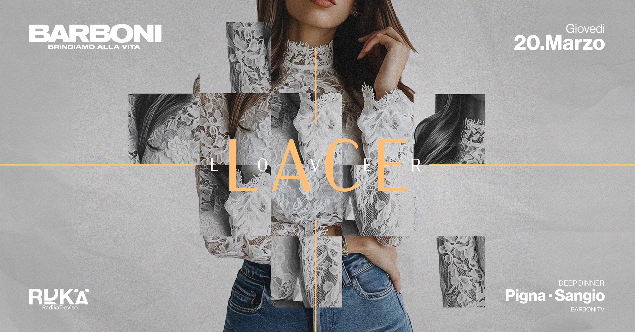BARBONI Lace | Giovedì 20 Marzo al Radika Treviso Potrebbe essere un'immagine raffigurante 1 persona e il seguente testo "BARBONI BRINDIAMO BRINDIAMOALLAVITA ALLA VITA Giovedi 20.Marzo 20.Mairo 20.Μ 4 LAGE CF ROKA Rasika RacilaTraviso cila Traviso rEVIS Pigna- Pigna-Sangio Sangio DEEP DEEPDINNER INNER BARDONIT"