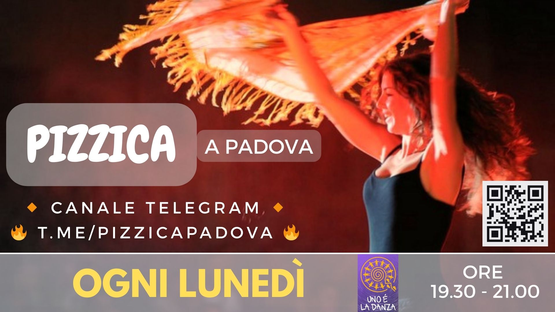 Potrebbe essere un'immagine raffigurante 5 persone, persone che ballano e il seguente testo "PIZZICA Con IVAN RIZZOTTO OGNI LUNEDÌ UNO DANZA PADOVA ORE 19.30-21.00 21.00 19.30"