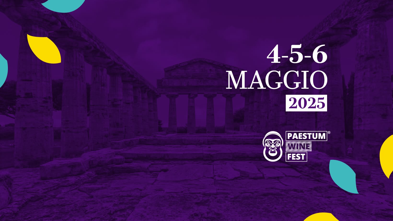 Paestum Wine Fest 2025 Potrebbe essere un contenuto grafico raffigurante il Pantheon e il seguente testo "4-5-6 MAGGIO 2025 PAESTUM WINE FEST"