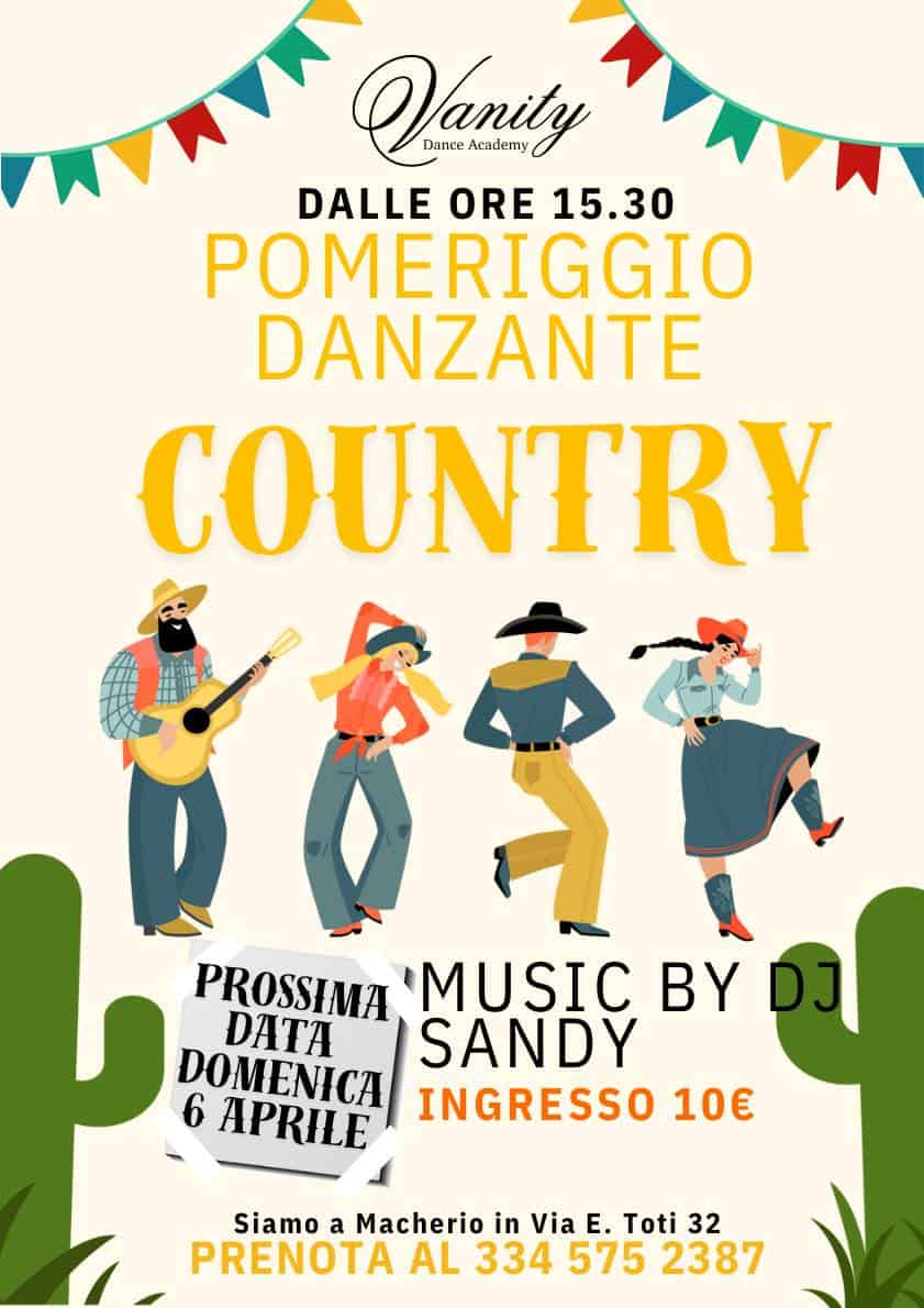 Pomeriggio Ballo COUNTRY – Macherio (MB) Potrebbe essere un'immagine raffigurante il seguente testo "Sanity Academy Dance DALLE ORE 15.30 POMERIGGIO DANZANTE COUNTRY お報で 命志き PROSSIMA MUSIC BY DATA SANDY DOMENICA 6 APRILE INGRESSO 10€ Siamo a Macherio in Via E. Toti 32 PRENOTA AL 334 575 2387"
