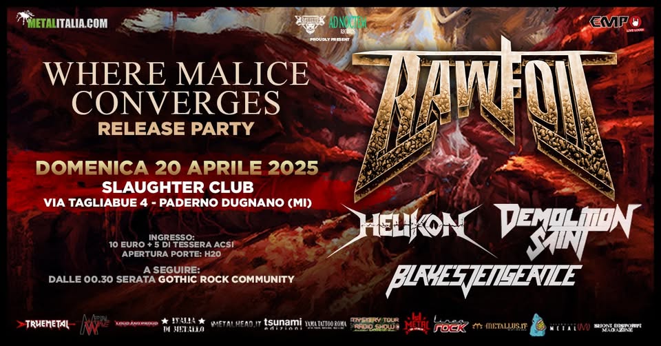 Evento Rawfoil “Where Malice Converges” release party Slaughter Club Locandina Rawfoil “Where Malice Converges” release party Slaughter Club - domenica 20 aprile ore 19:30 - 21:30