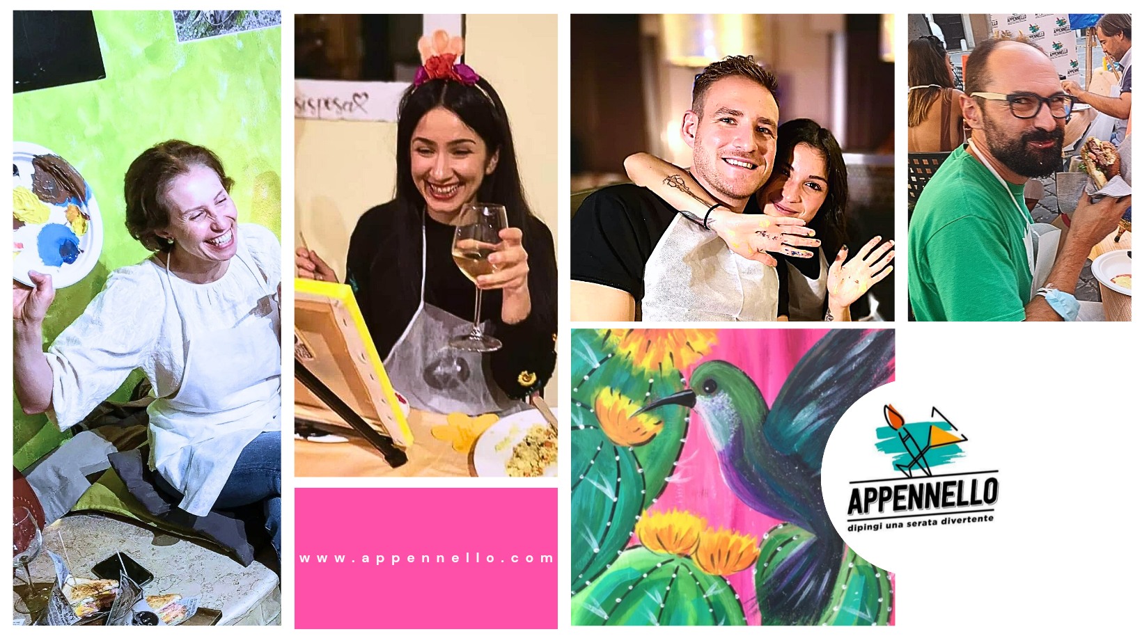 Cermenate (CO): Colibrì, un aperitivo Appennello Potrebbe essere un'immagine raffigurante 5 persone e il seguente testo "sisresa? 栗 www.appennello.com P ennell APPENNELLO dipingi una serata divertente"