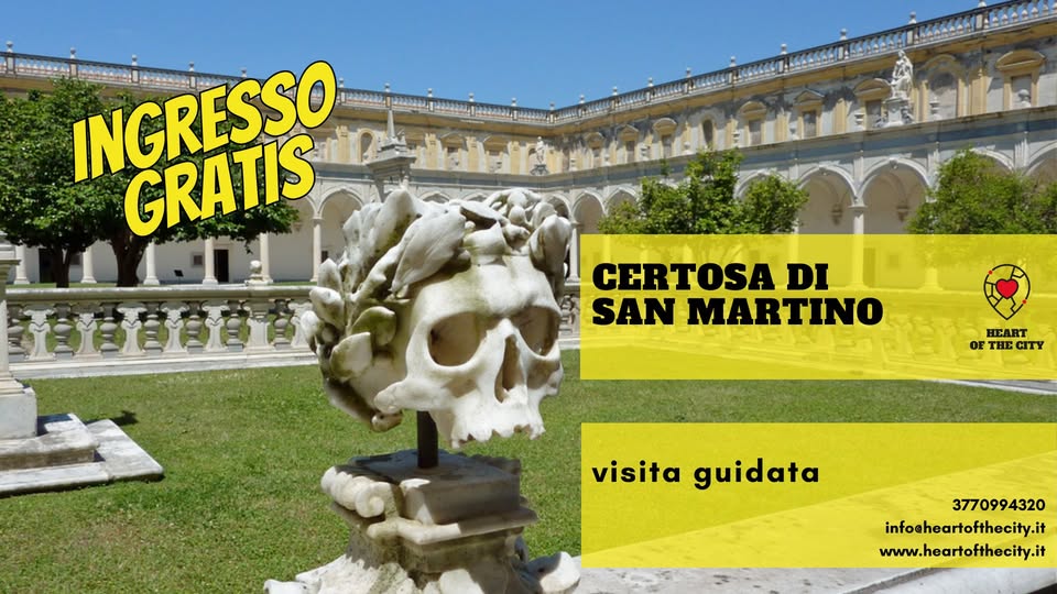 La Certosa di San Martino – ingresso gratuito Potrebbe essere un'immagine raffigurante 3 persone e il seguente testo "CERTOSA DI SAN MARTINO EART Visita guidata INGRESSO CRATIS"
