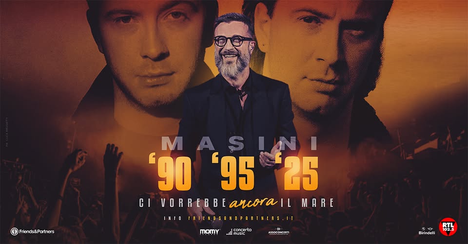 MARCO MASINI – CI VORREBBE ANCORA IL MARE TOUR // ROSETO DEGLI ABRUZZI (TE) Potrebbe essere un'immagine raffigurante 3 persone e il seguente testo "OFriends&Partners MASINI SINI M '90'9525 '90 '95 25 CI VORREBBE IVORREBBEaNOFAILMAR arcorall MARE INFO POIEANSRNSPARTALES concerto #music MOMY ASSOCONCERTI RTL 102.5 Birindelli"