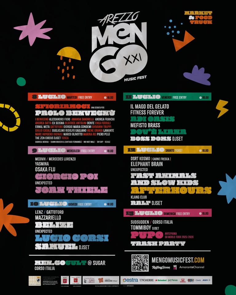 Men/Go Music Fest 2025 / 8-13 luglio / 21ª edizione / Parco il Prato, Arezzo Potrebbe essere un'immagine raffigurante il seguente testo "*AREIZG ARETZO MCN XXI MUSICFEST * MUSIC FEST 9.10 LUGLIO 2025 * PARCO IL PRATO AREZZO"