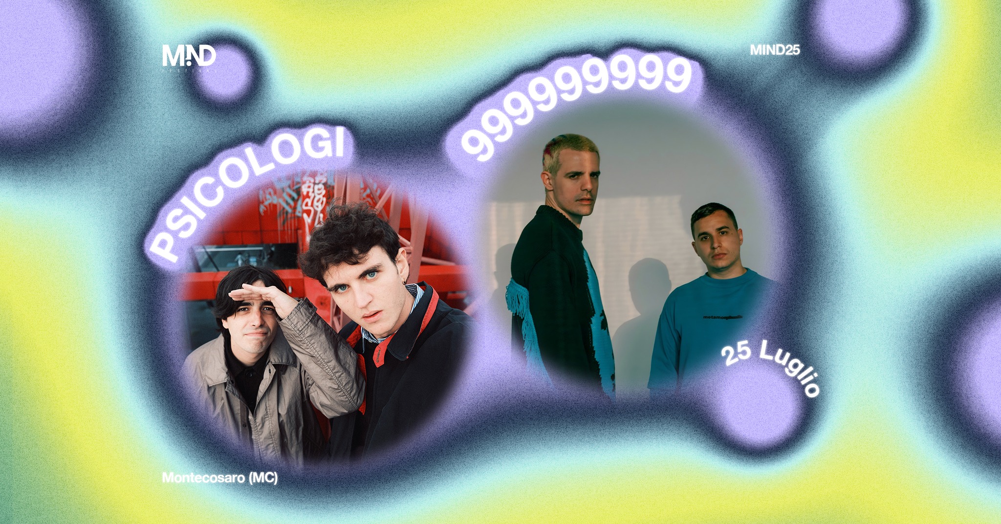 PSICOLOGI + 999999999 // MIND Festival Potrebbe essere un contenuto grafico raffigurante 4 persone e il seguente testo "MIND25 MND PSICOLOGI ေ 0999999 Montecosaro (MC) 25 Lugilo Luglio"