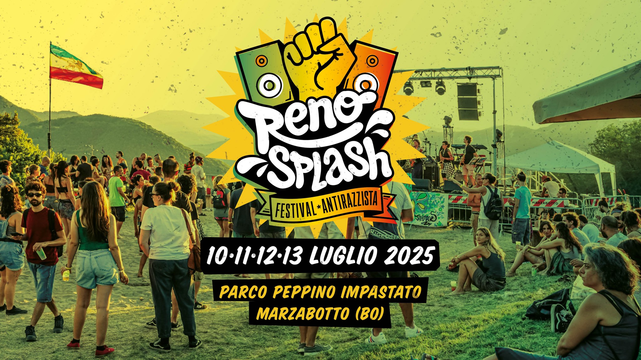 Reno Splash Festival | 13° edizione | Dal 10 al 13 Luglio 2025 Potrebbe essere un'immagine raffigurante 1 persona e il seguente testo "ല 이선울 Reno® 中日 SplaSh FESTIVAL FESTIVAL-ANTIRAZZISTA ANTIRAZZISTA 10.11-12-13 LUGLIO 2025 L B I PARCOPEPPINOIMPASTATO PARCO PEPPINO IMPASTATO MARZABOTTO (B0)"
