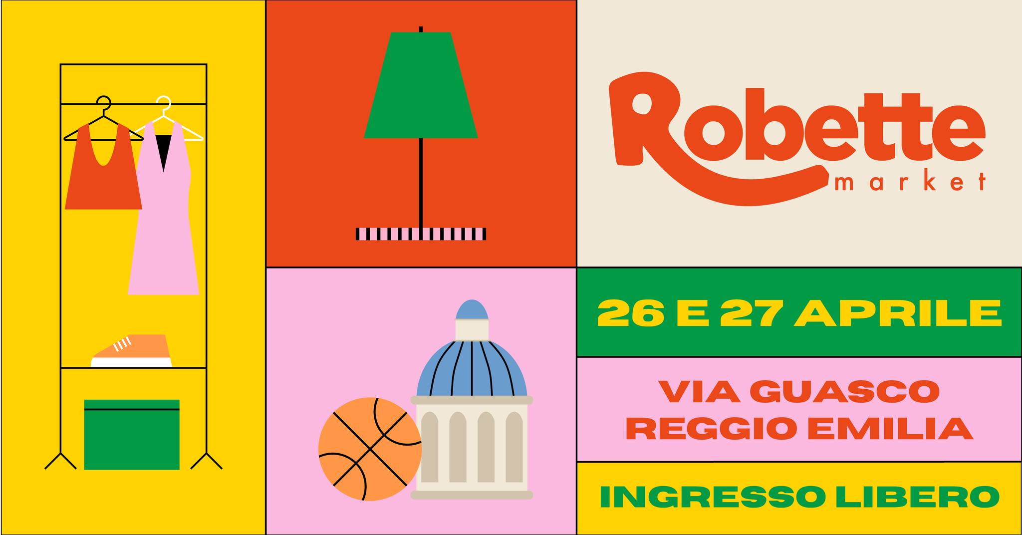 Robette Market @ Fotografia Europea Potrebbe essere un contenuto di pop art raffigurante il seguente testo "II Robette market 26E27APRILE 26 E 27 APRILE α GUASCO REGGIO EMILIA हव।।। INGRESSO LIBERO"