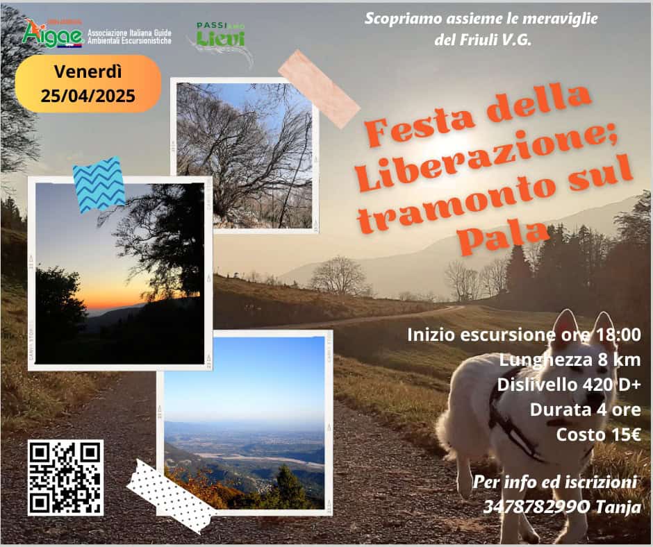 Tramonto sul Pala – festa della Liberazione Potrebbe essere un'immagine raffigurante il seguente testo "ae igae Ambientah Escursionistiche Associazion Raliana Guide PASSI Lievi Venerdì 25/04/2025 Scopriamo assieme le meraviglie del Friuli V.G. Liberazione: Festa della tramonto pala sul Inizio escursione ore18:00 ore 18:00 Lungnezza nezza 8 km Lung Dislivello 420 D+ Durata 4 ore Costo 15€ Per info ed iscrizioni 3478782990 Tanja"