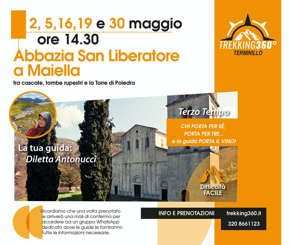 Abbazia San Liberatore a Maiella tra cascate, tombe rupestri e la Torre di Poledra Potrebbe essere un'immagine raffigurante 1 persona e il seguente testo "2, 5,16,19e e 30 maggio ore 14.30 Abbazia San Liberatore a Maiella tra cascate, tombe rupestri e la Torre di Poledra ስ TREKKING360° TERMINILLO La tua guida: Diletta Antonucci Terzo Tenpo CHI PORTA PER SÈ, PORTA PER TRE... guida PORTA VINO! e Difficoltà FACILE Ricordiamo che una volta prenotato le arriverà una mail conferma per accedere ad ad gruppo WhatsApp dedicato dove| guide| fomiranno tutte le informazioni necessarie, INFO E PRENOTAZIONI trekking360.it 320 8661 123"