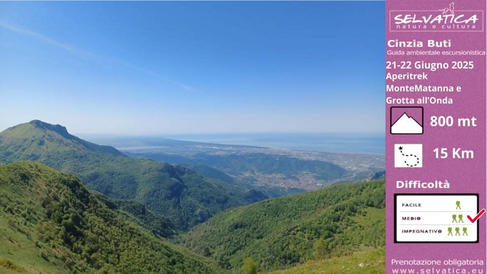 Aperitrek sul Monte Matanna e Grotta all’Onda (LU) Potrebbe essere un'immagine raffigurante nebbia, orizzonte, montagna e il seguente testo "SELVATICA natura ecultura Cinzia Buti Guida ambientale escursionistica 21-22 Giugno 2025 Aperitrek MonteMatannae e Grotta all' ll'Onda 800 mt 15Km 15 Km Difficoltà FACILE 大 MEDIO XX IMPEGNATIVO xXX Prenotazione Prenotazioneobligatoria obligatoria www.selvatica.et"