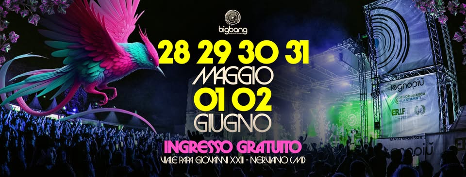 Evento Big Bang Music Fest Ingresso Gratuito 28 – 29 – 30 – 31 Maggio, 1 – 2 Giugno, Nerviano MILANO Locandina Big Bang Music Fest Ingresso Gratuito 28 – 29 – 30 – 31 Maggio, 1 – 2 Giugno, Nerviano MILANO - da mercoledì 28 maggio - lunedì 2 giugno 2025 ore 16:00 ore 00:00