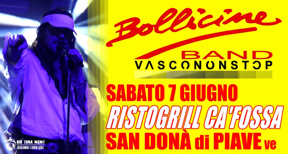 Potrebbe essere un contenuto grafico raffigurante 1 persona, sassofono, tromba, clarinetto e il seguente testo "Bollicine VASCNONSTP BAND VASCONONSTOP BIG BIGTUNAMGMT TUNA EMTERIANKENT EHan FBICKIG AFENCY"
